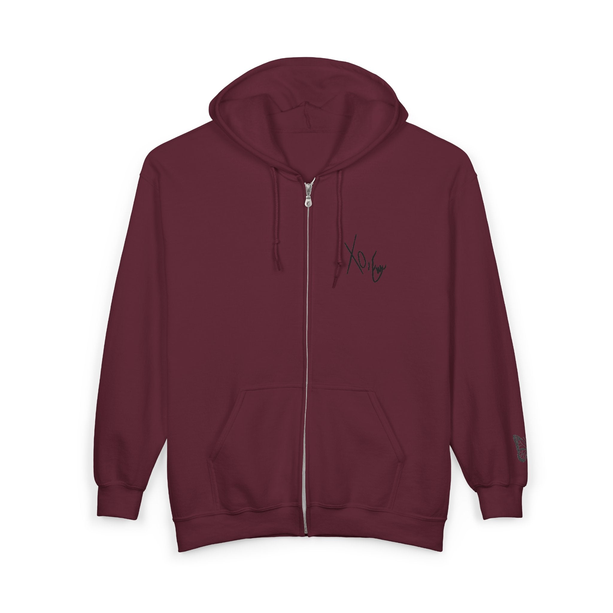 Signature Xo, Em Zip Hoodie — Minimalist Butterfly Full-Zip Sweatshirt